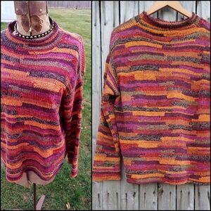 Vintage 80s Sigrid Olsen heavy hand knit red orange yellow sweater womens L